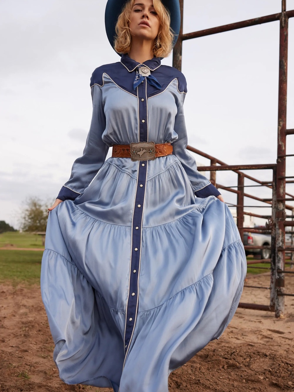 Double D Ranch Blue Western Pearl Snap Maxi Dress XL